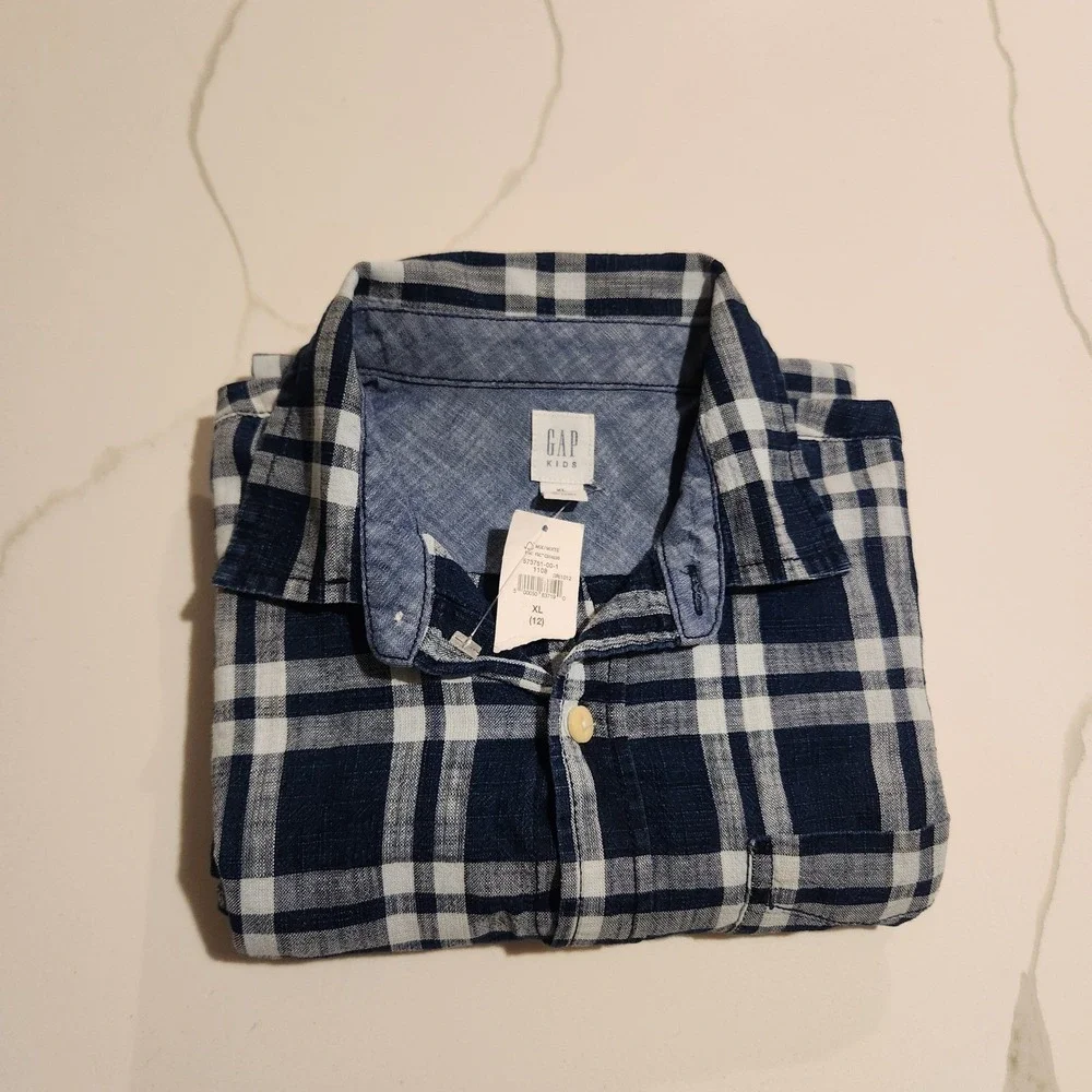 Gap Kids Long Sleeve Plaid Button‎ Up Shirt Blue White Size XL 12 NWT